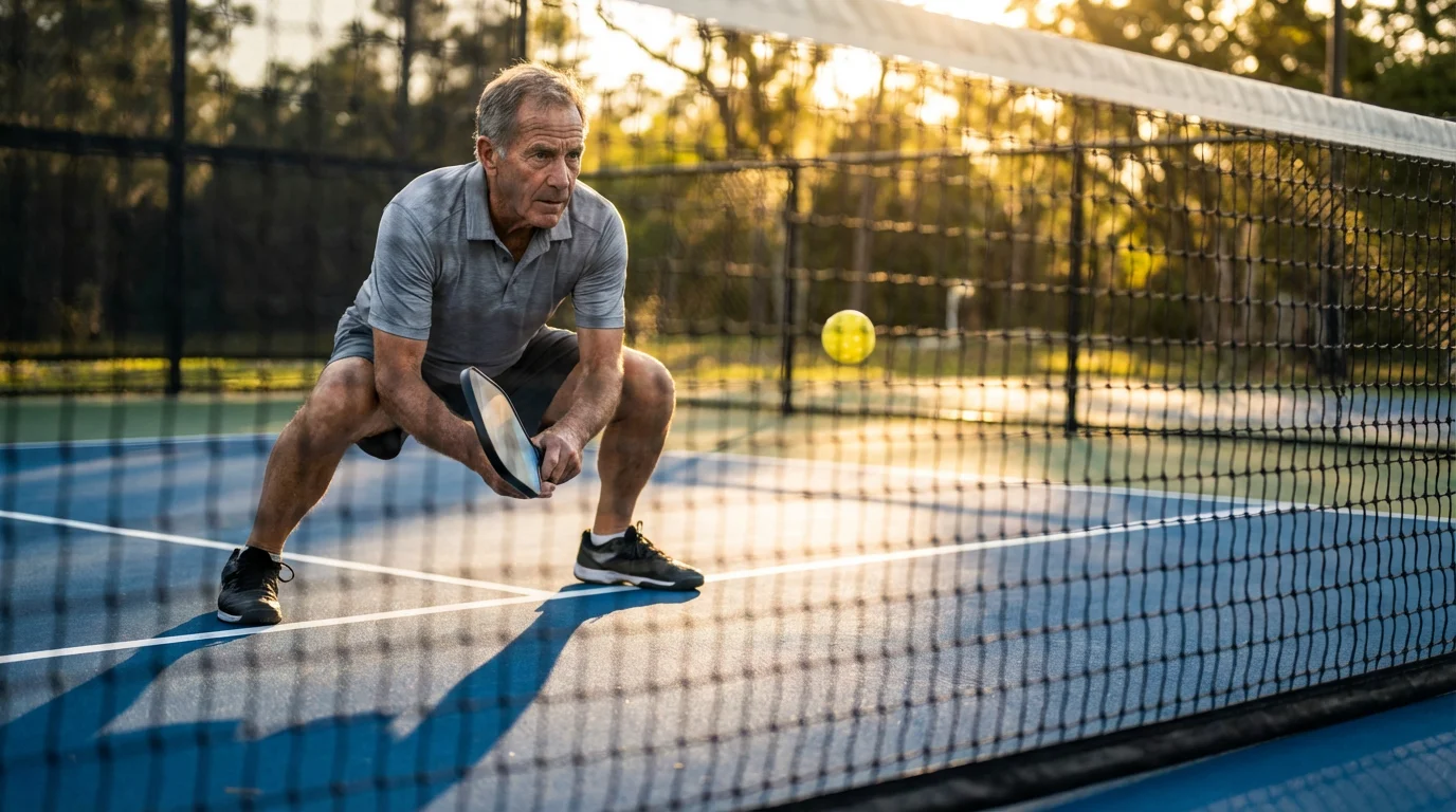 Low angle of a senior man playing a controlled dink shot in pickleball.