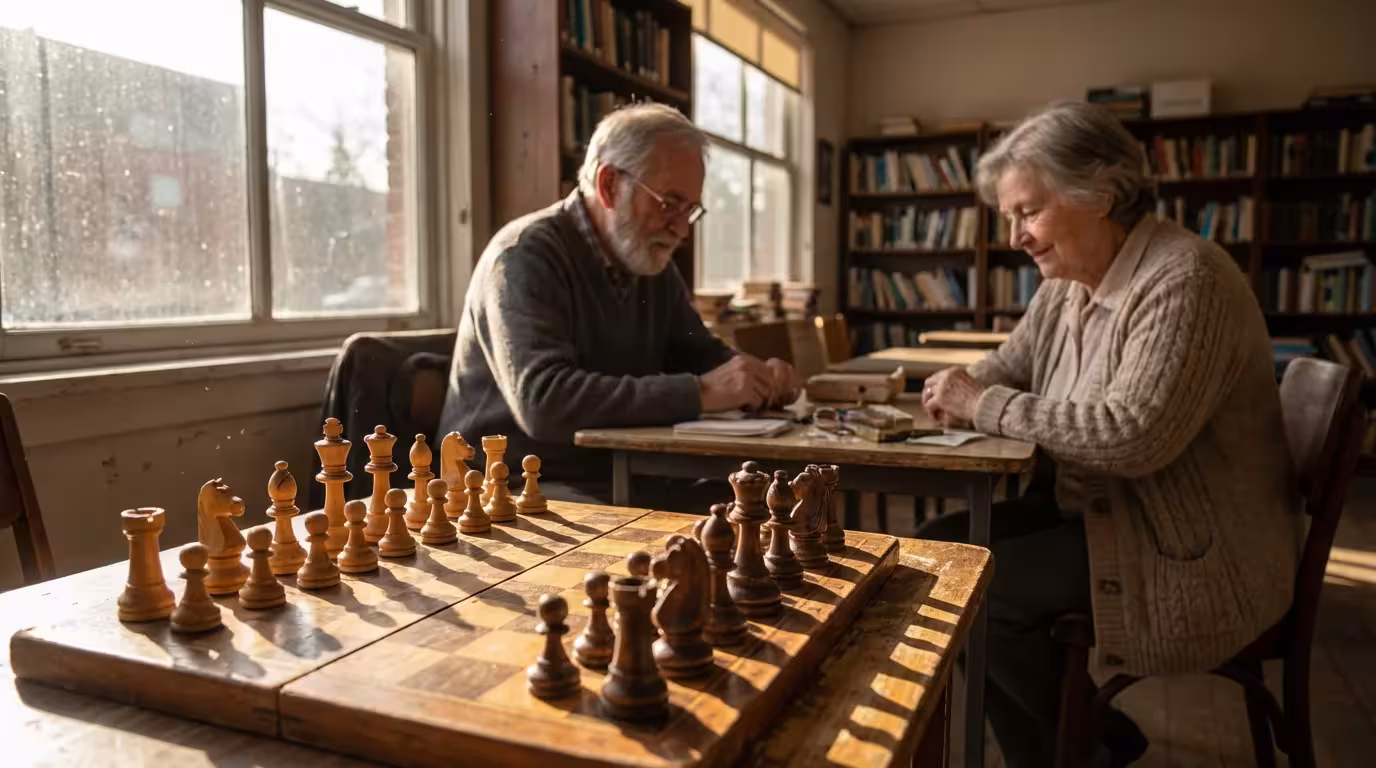 Low angle of two seniors playing a game of chess in a sunlit room.