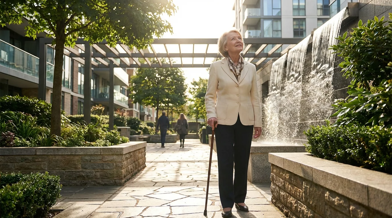 Low angle photo of a senior woman exploring the courtyard of a modern retirement community.