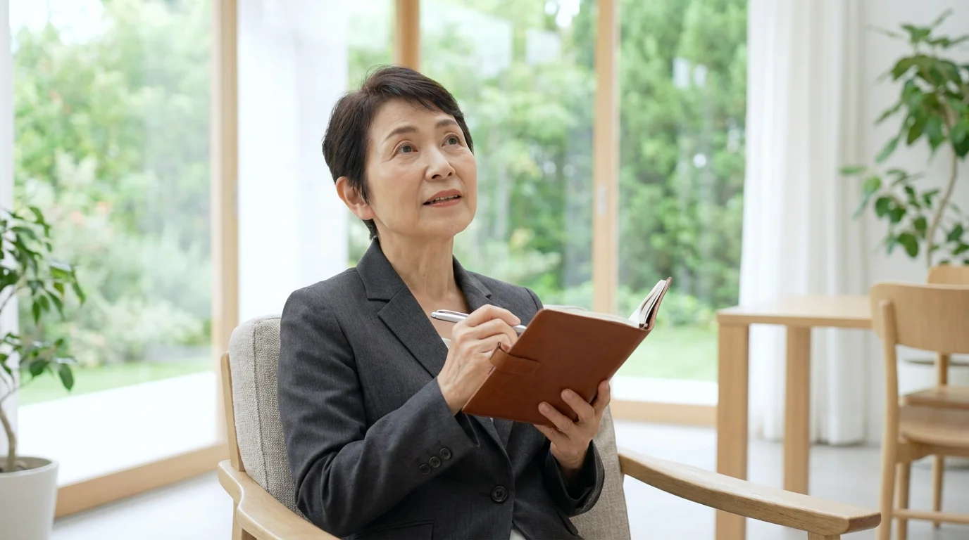 Low angle photo of a senior woman thoughtfully holding a notebook in a modern room.