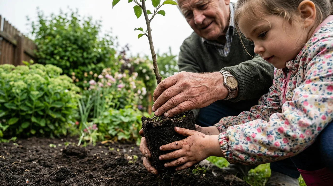 Low angle photo of an elderly man and a young child's hands planting a sapling.