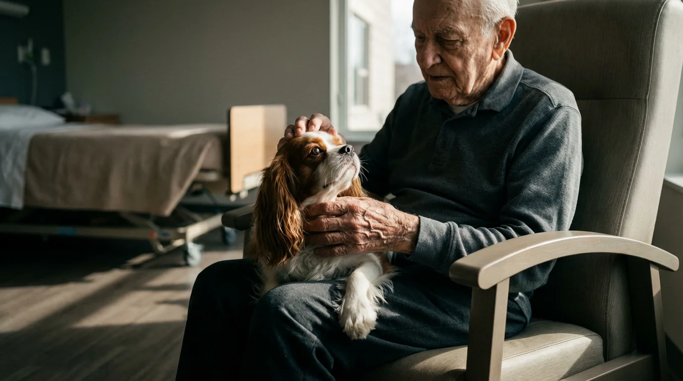 Low angle photo of an elderly man petting a small dog in a nursing facility.