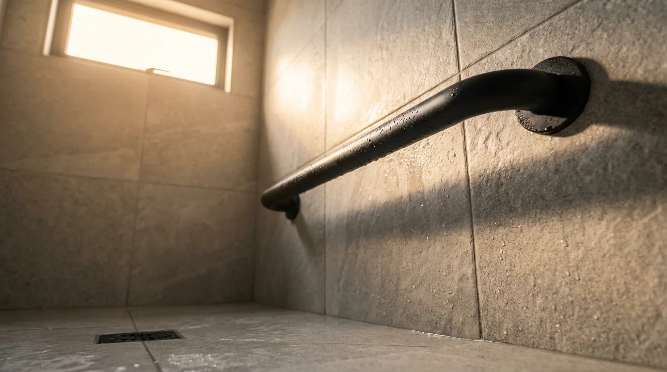 Low angle photograph of a safety grab bar installed in a modern walk-in shower.