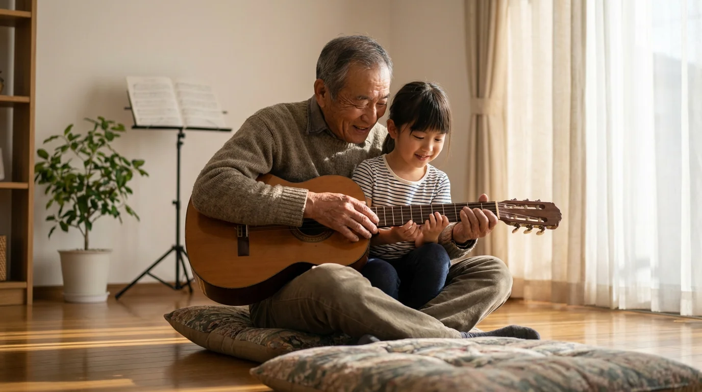 Low angle photograph of an elderly man patiently teaching a young girl to play guitar.