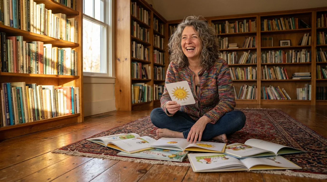 Low angle shot of a joyful senior woman learning with flashcards in a library.