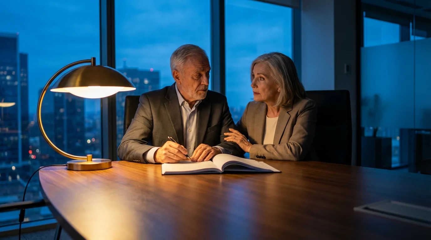Low angle shot of a senior couple carefully reviewing contract documents during blue hour.