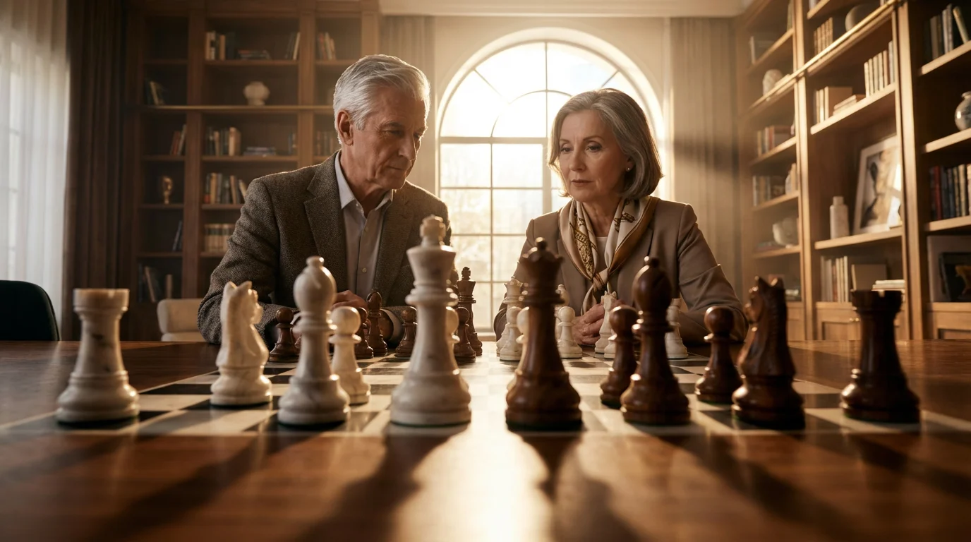 Low angle shot of a senior couple playing chess in a modern community lounge.