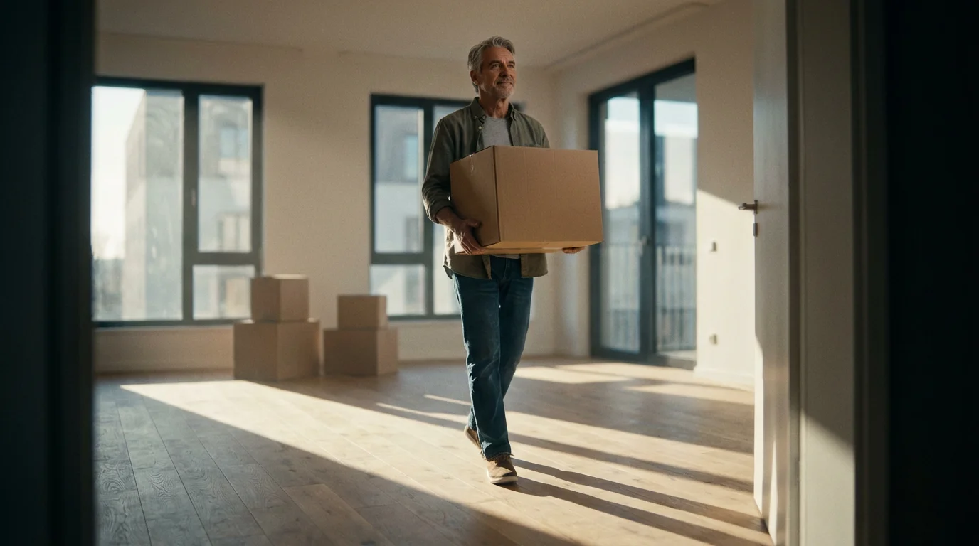 Low angle shot of a senior man carrying a moving box into a new apartment.