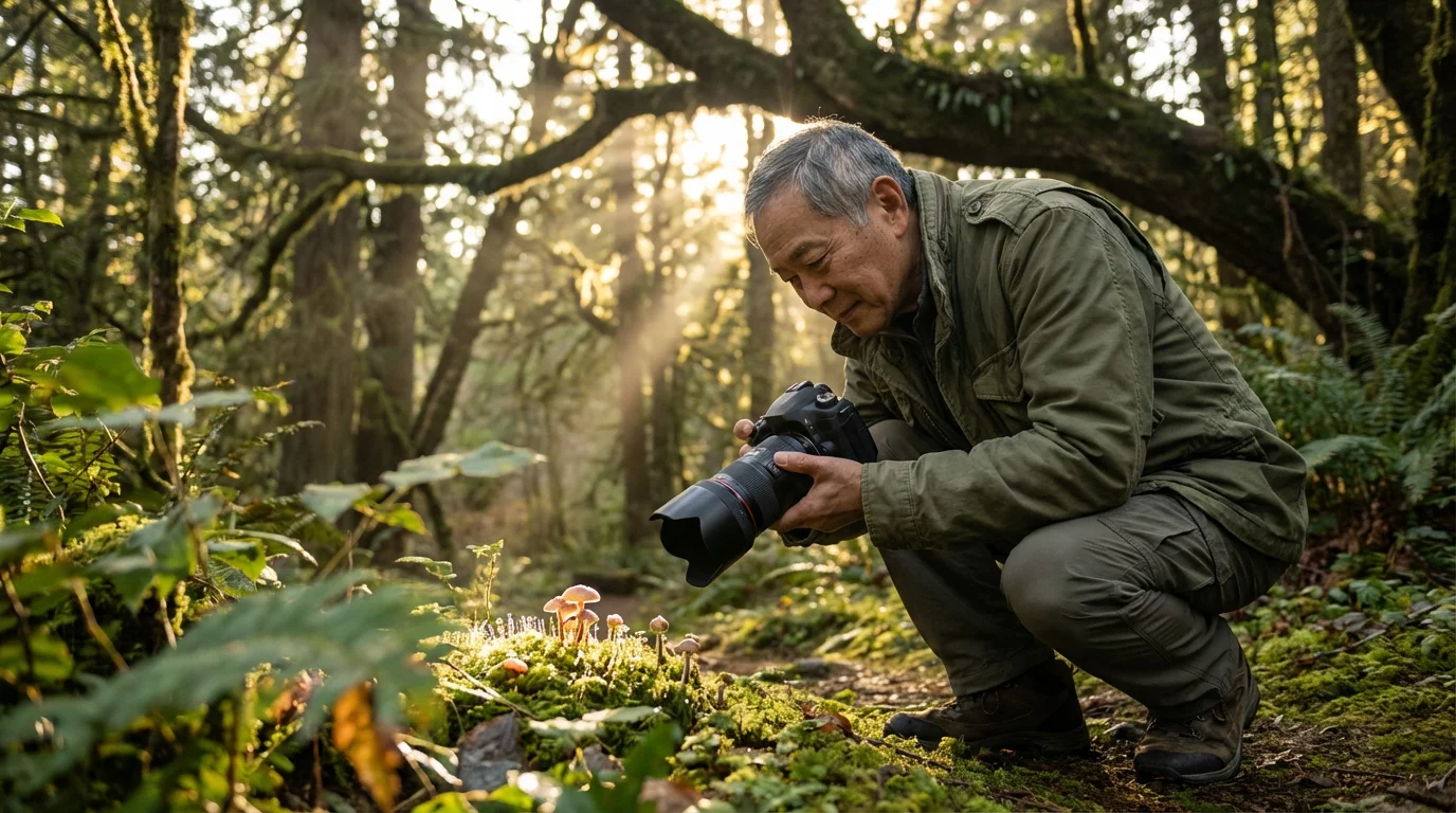 Low angle shot of a senior man crouching to take a macro photograph in a forest.