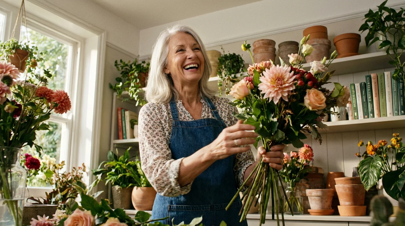 Low angle shot of a senior woman working as a florist in her home studio.
