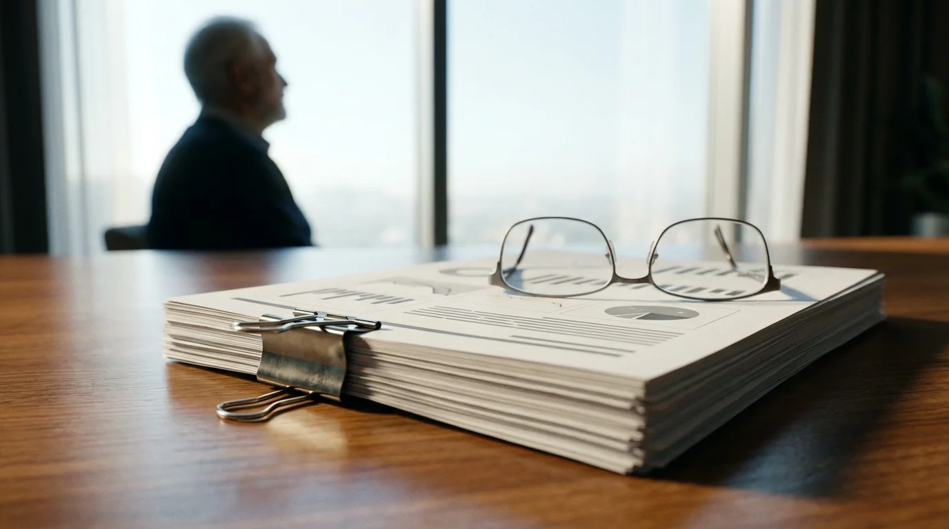 Low angle shot of legal documents and reading glasses on a table in natural light.