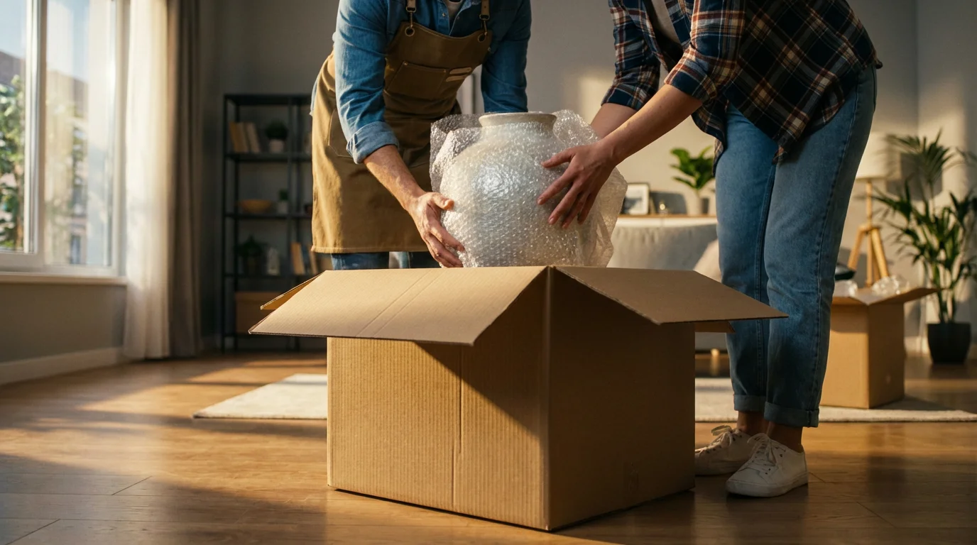 Low angle shot of professional organizer helping homeowner pack a fragile item into box.