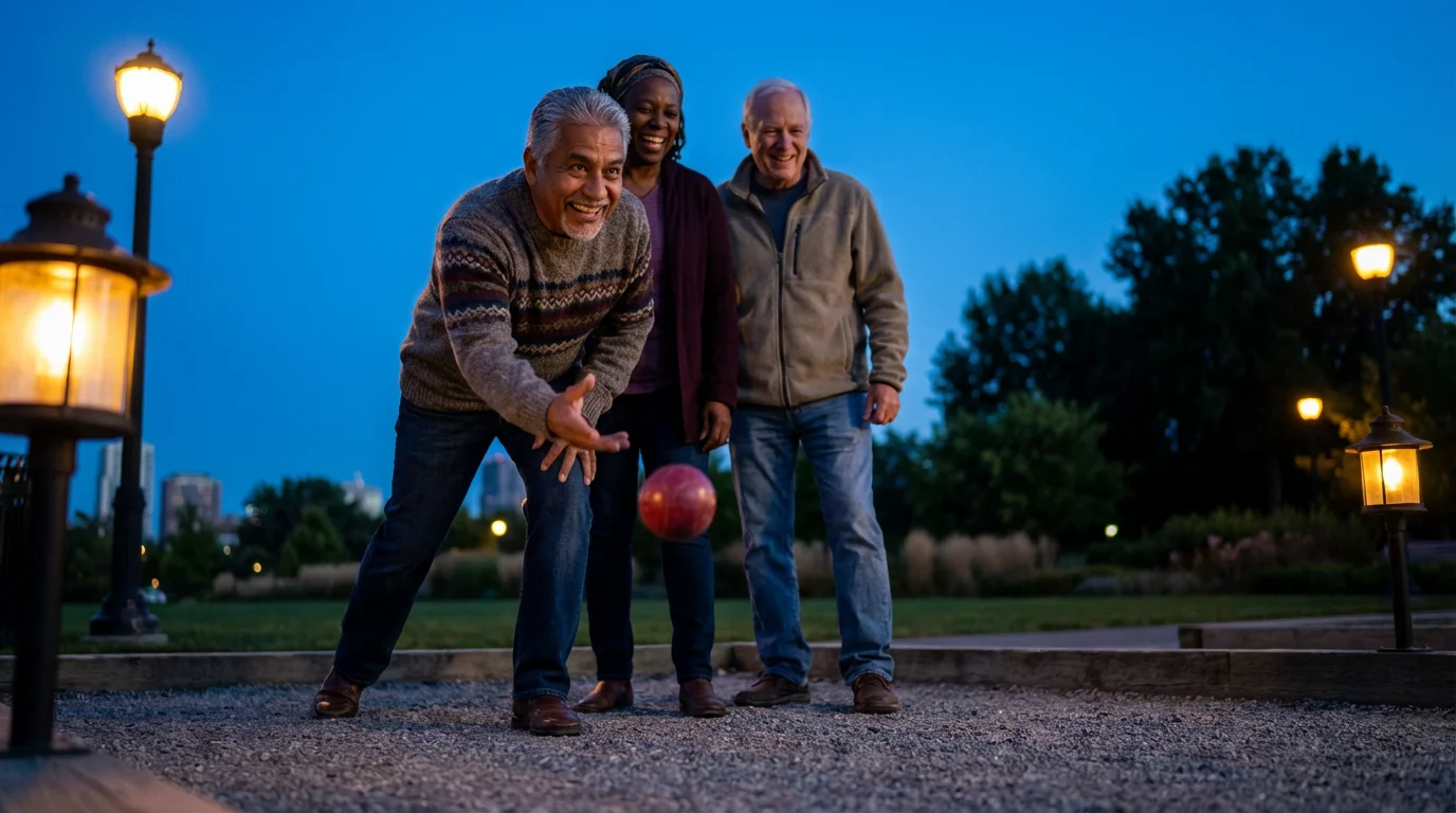 Low angle shot of three diverse seniors playing bocce ball in a park at twilight.