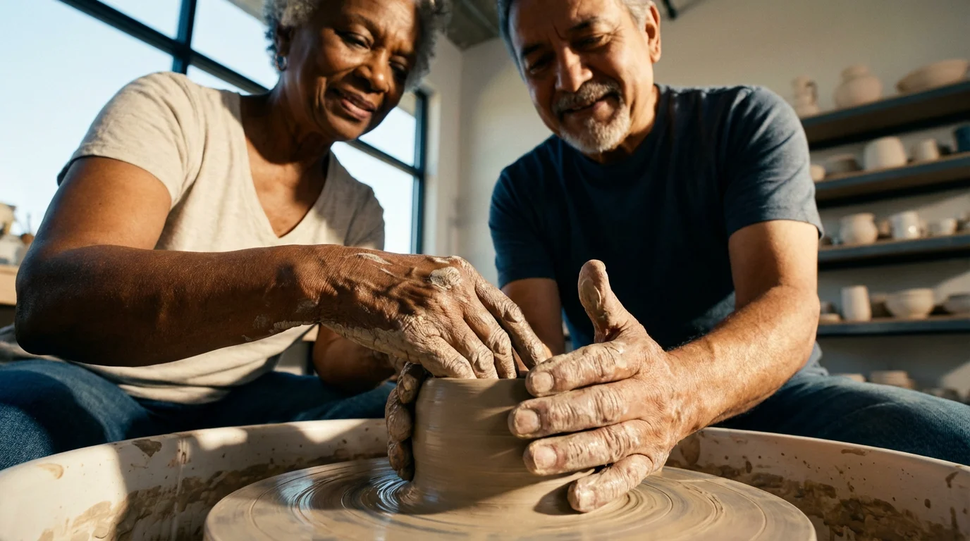 Low angle shot of two diverse seniors making pottery together in a sunlit studio.