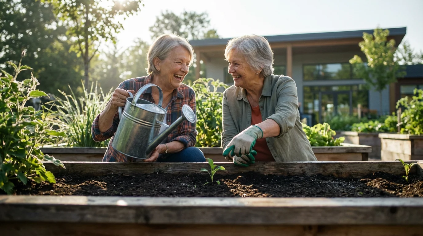 Low angle shot of two senior women friends smiling and gardening together at a community garden.