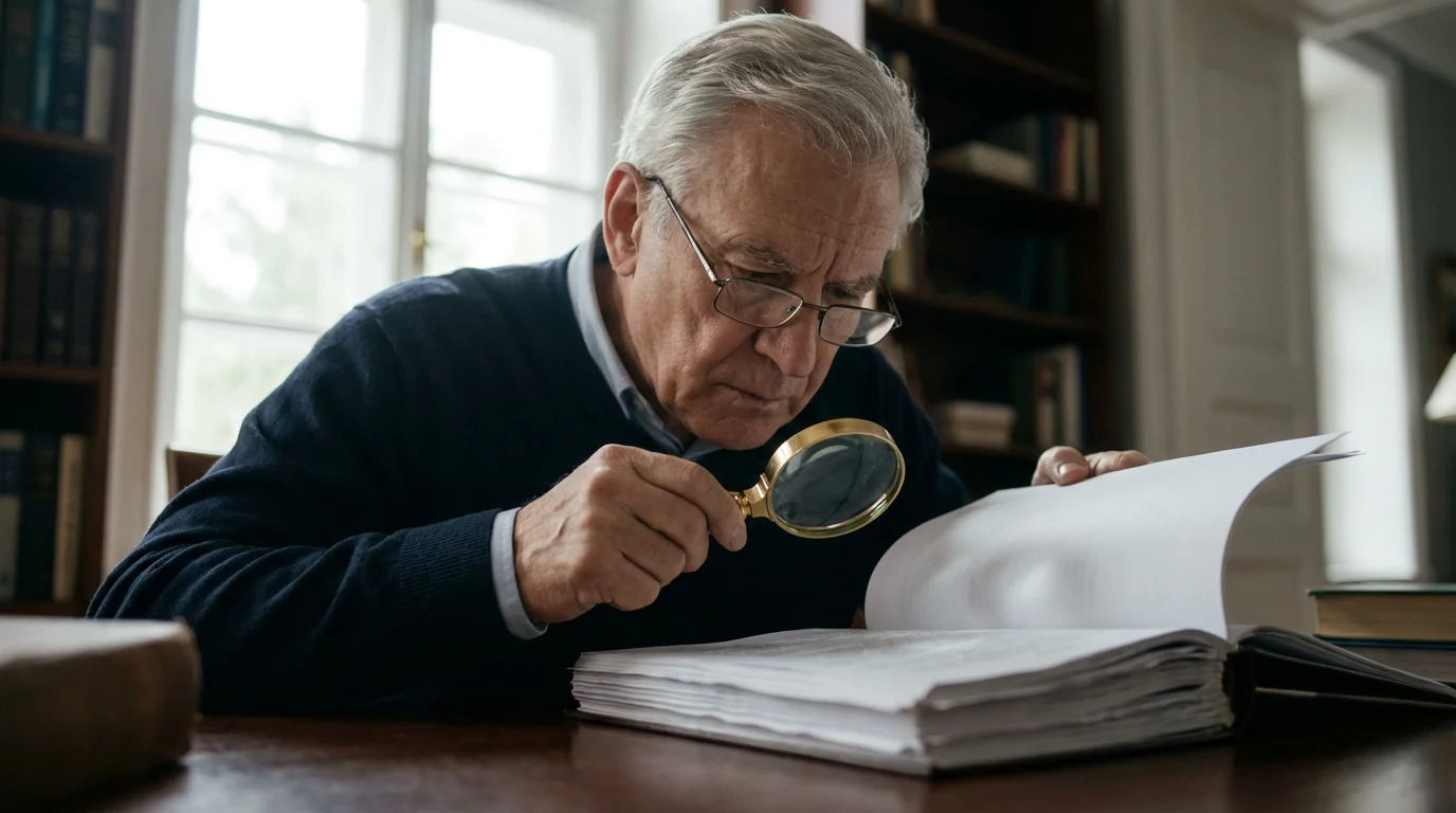 Low angle view of a senior man at a desk carefully reading a document with a magnifying glass.