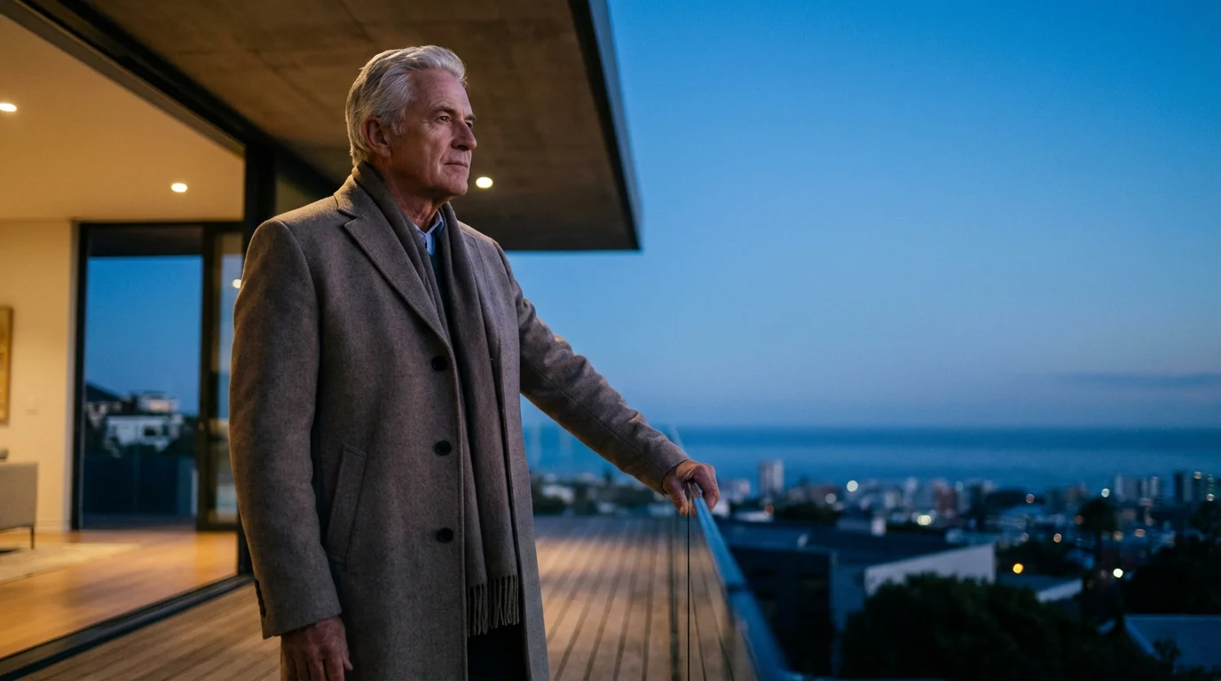 Low angle view of a senior man on a balcony at twilight looking forward.