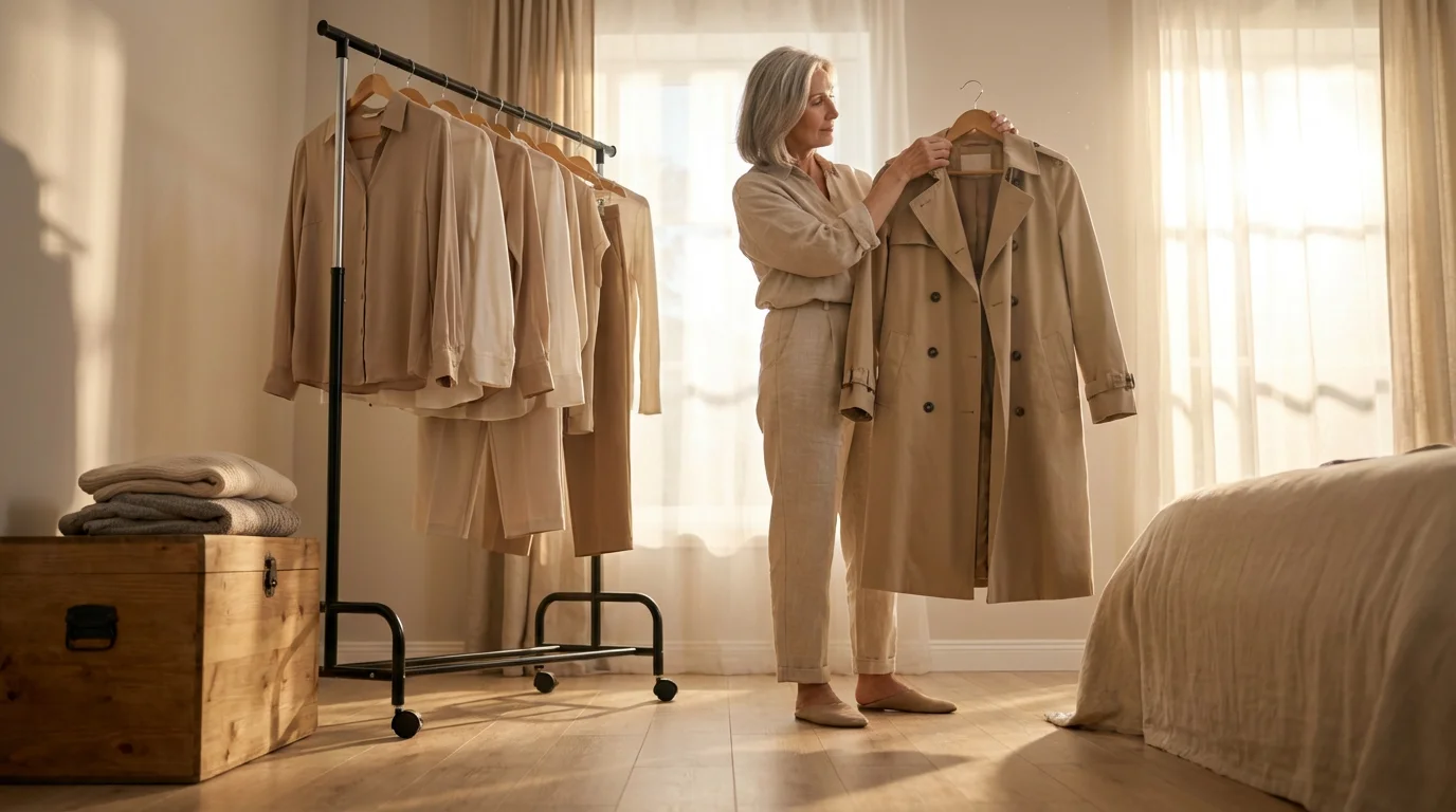 Low angle view of a senior woman organizing a minimalist rolling clothing rack during golden hour.