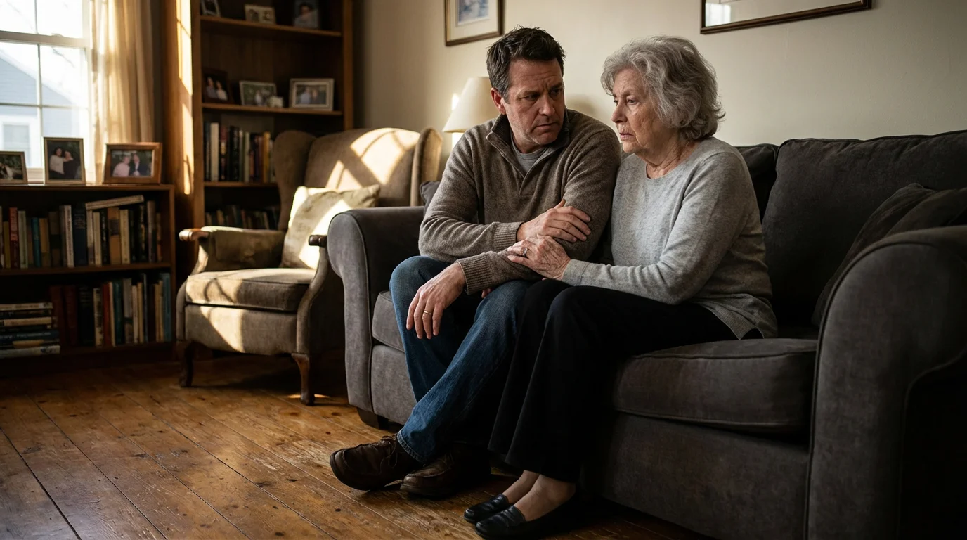 Low angle view of an adult son and elderly mother having a serious talk on a sofa in a shadowed room.