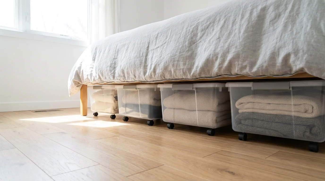 Low angle view of clear storage bins with folded clothes neatly organized under a bed.