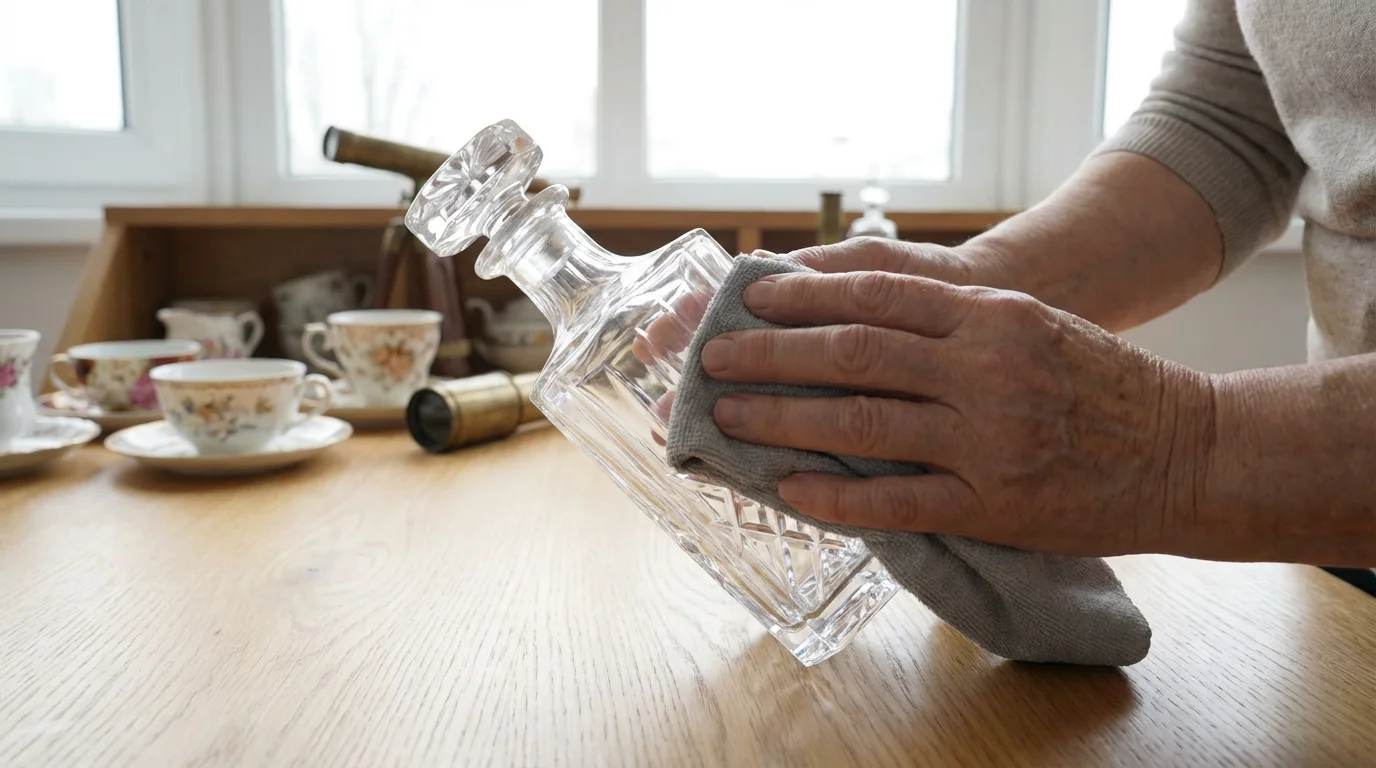 Low angle view of hands carefully polishing a crystal decanter for sale.
