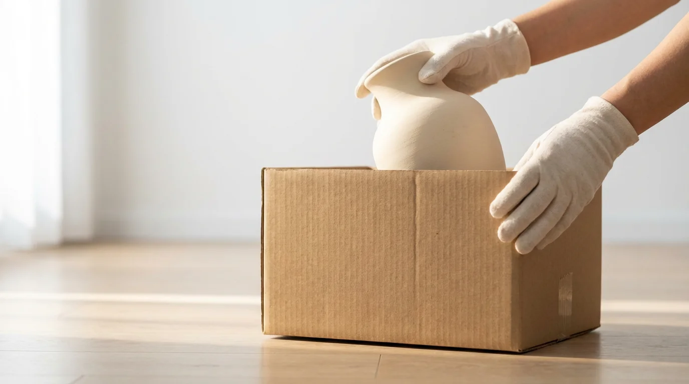 Low angle view of hands placing a ceramic vase into a cardboard donation box.