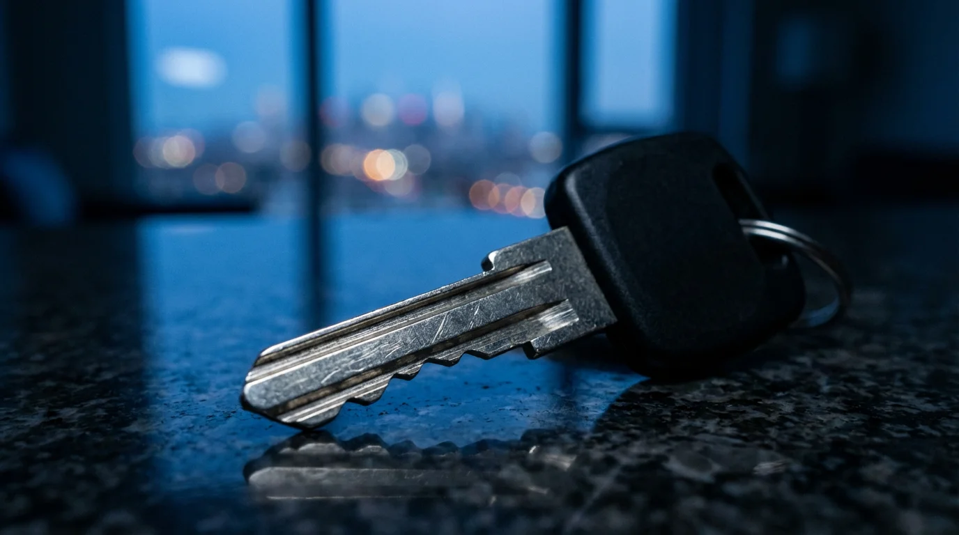 Macro photo of a modern apartment key on a countertop at twilight.