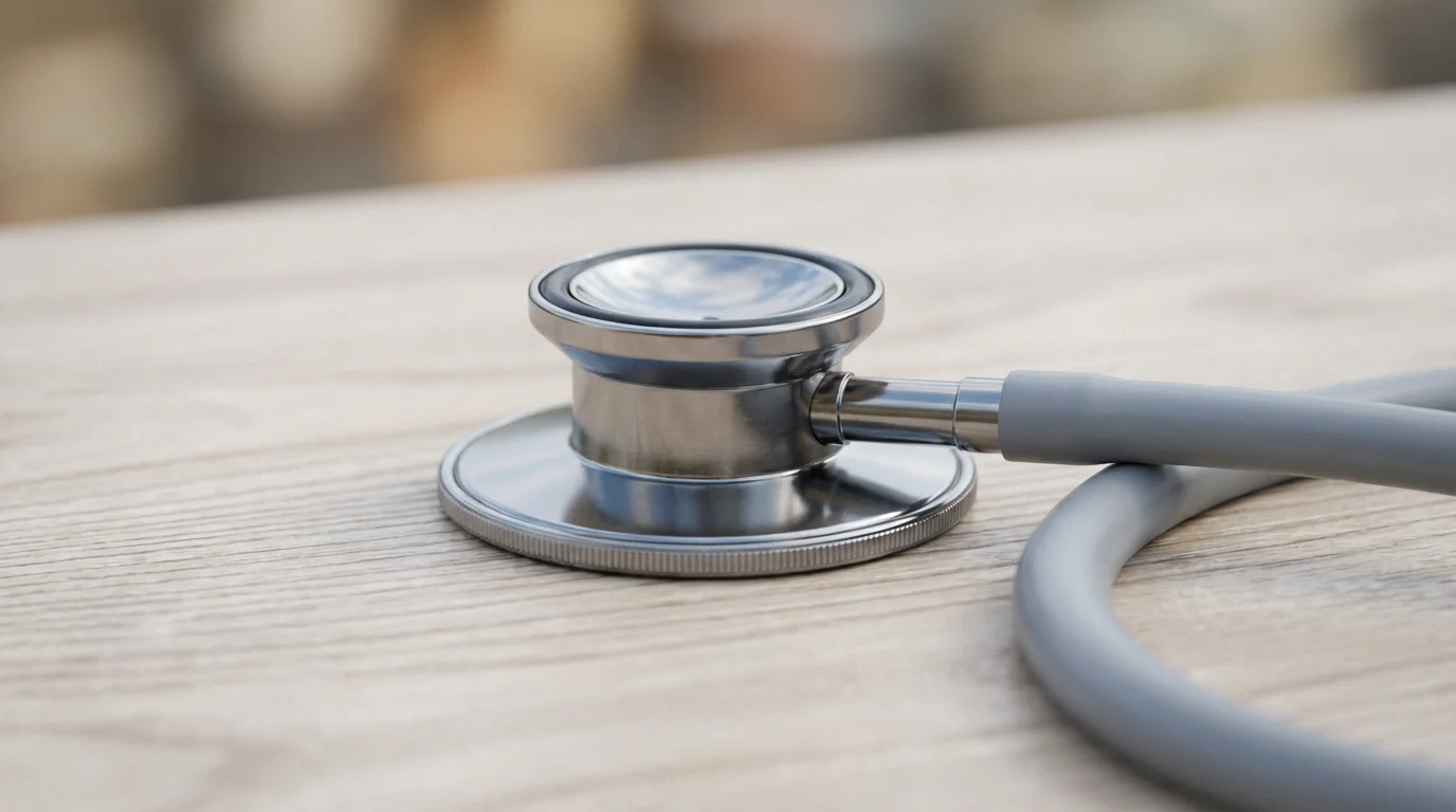 Macro photo of a modern stethoscope resting on a light wood surface.
