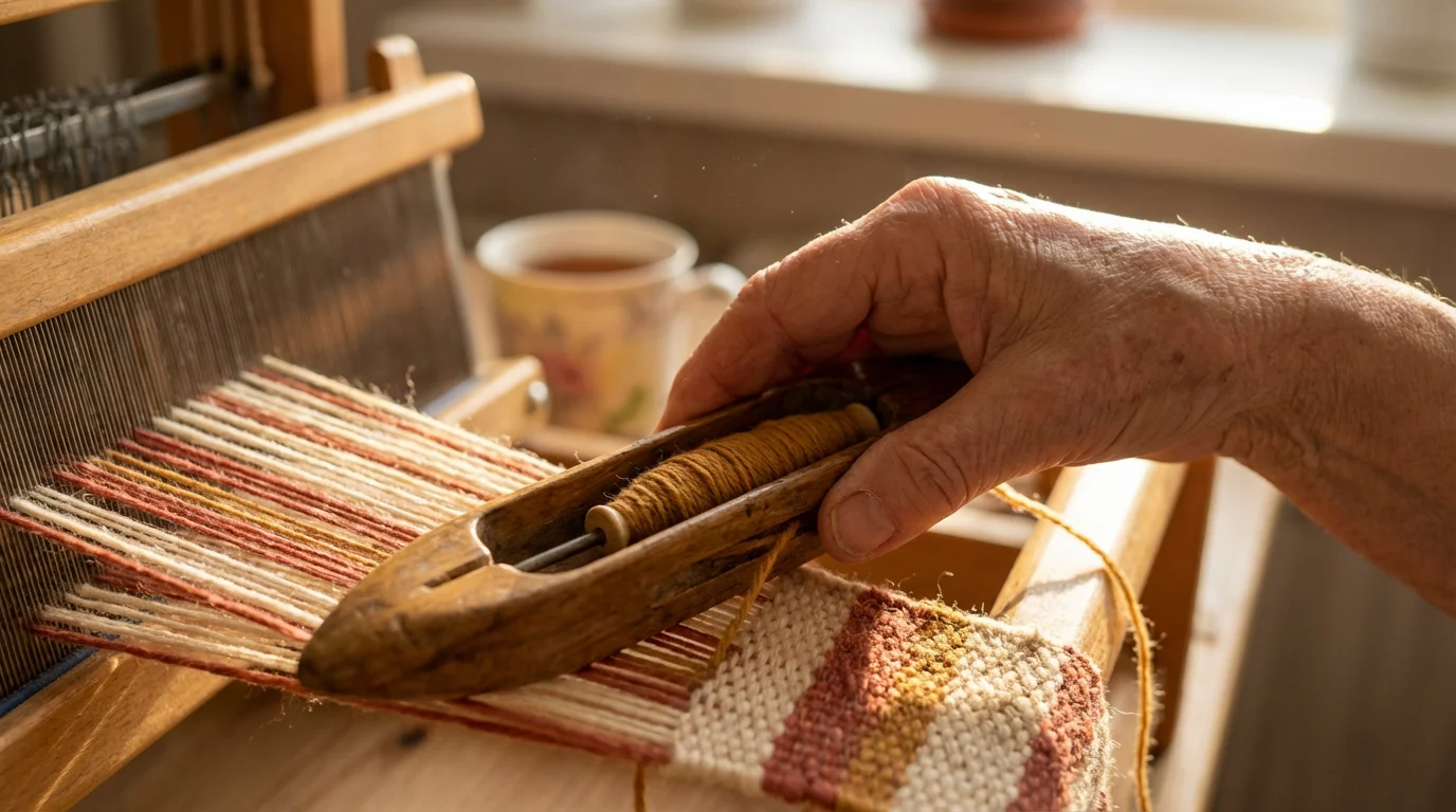 Macro photo of a senior's hand weaving colorful yarn on a wooden tabletop loom.
