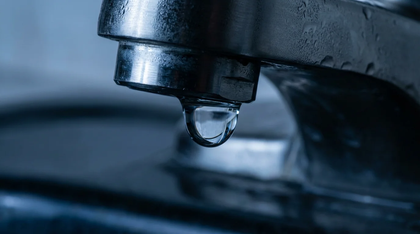 Macro photo of a single water droplet falling from a modern faucet at dusk.