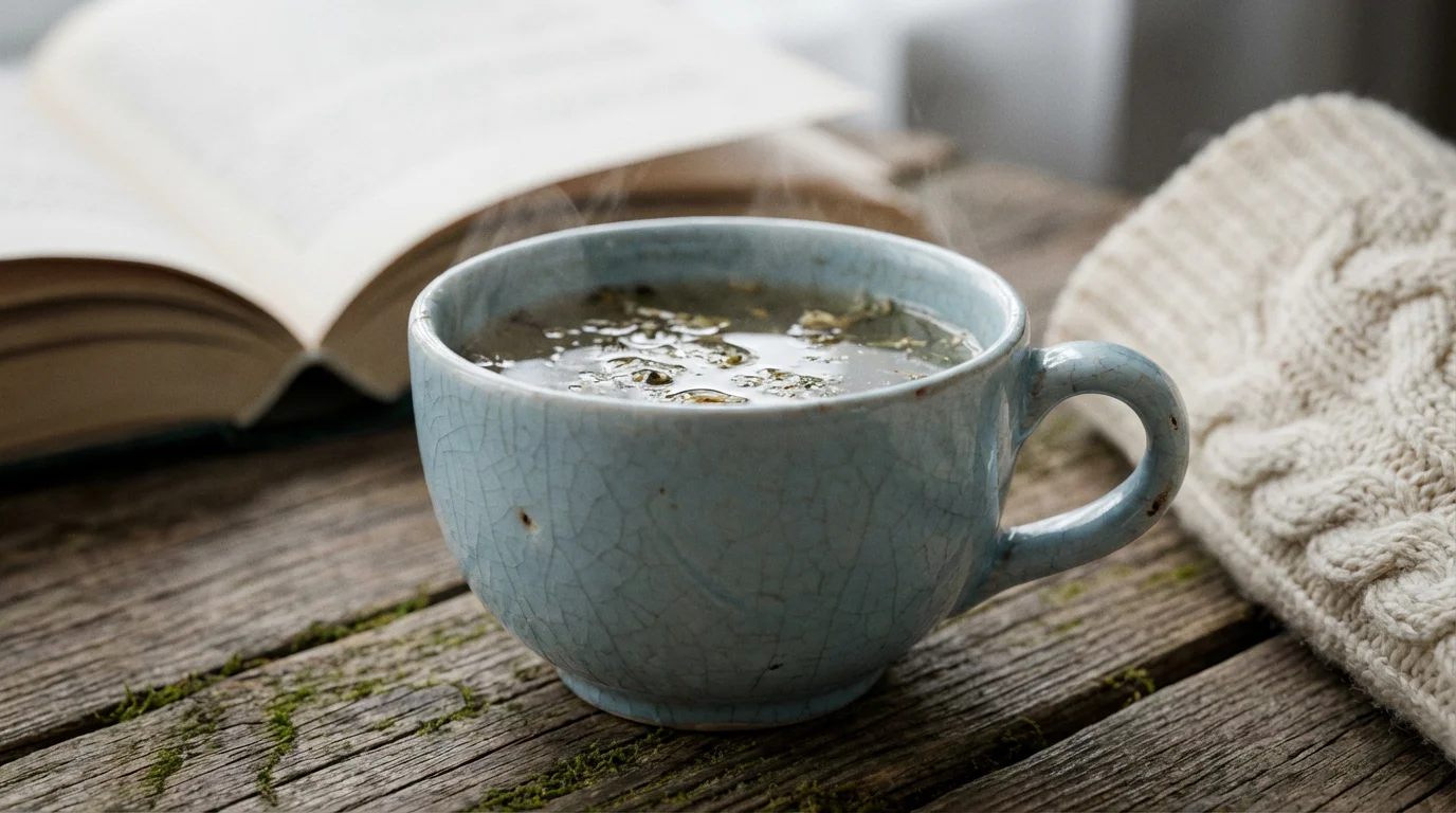 Macro photo of a steaming ceramic teacup with a book and sweater sleeve blurred.