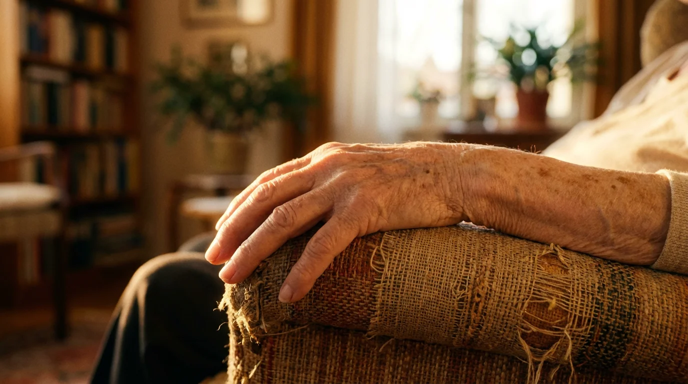 Macro photo of an elderly person's hand resting on a worn armchair at sunset.