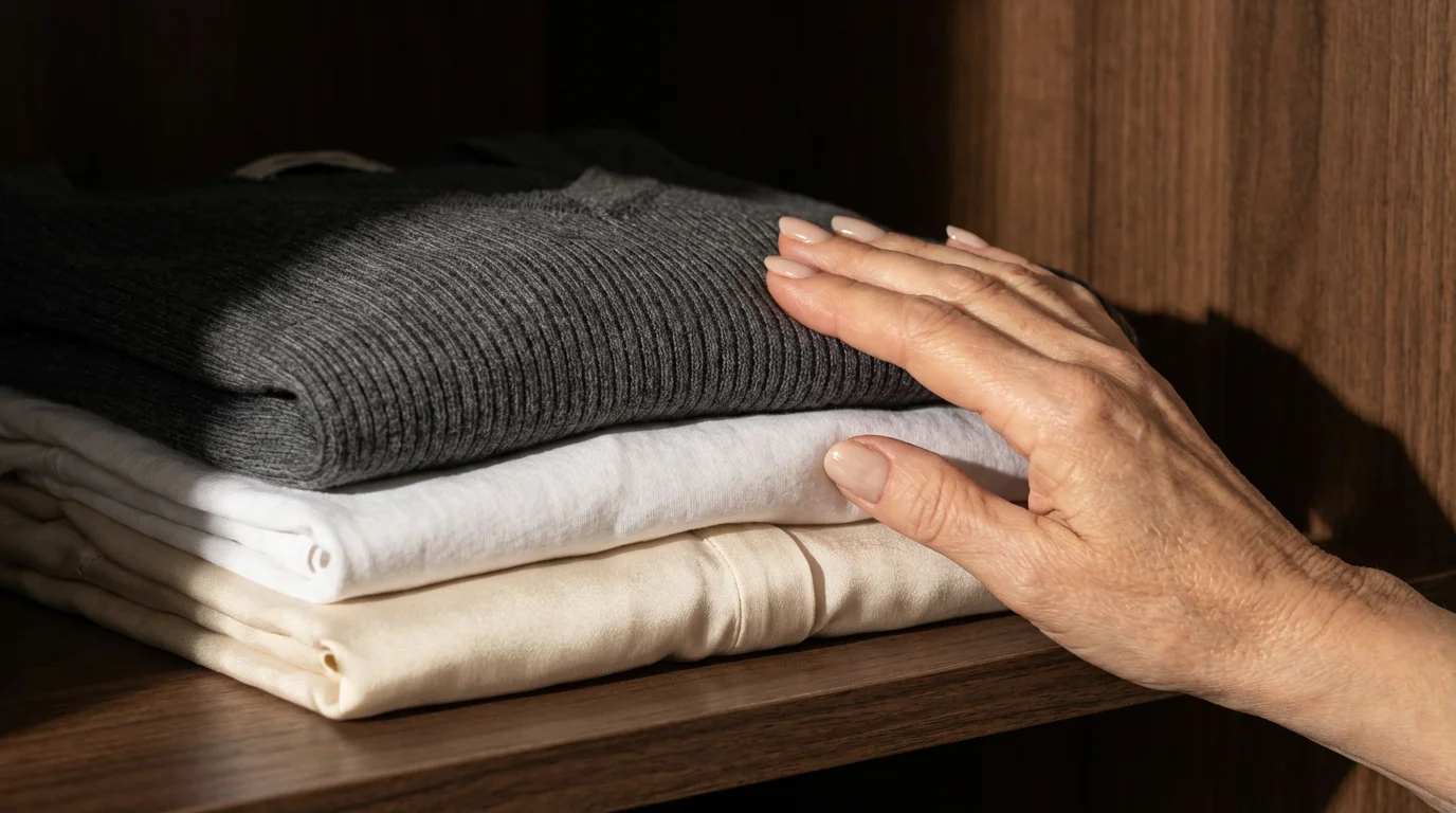 Macro photo of an older woman's hand touching a stack of minimalist tops.