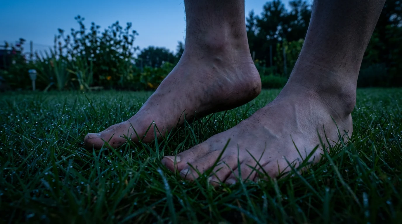 Macro photo of bare feet on damp grass at dusk, symbolizing grounding and balance.