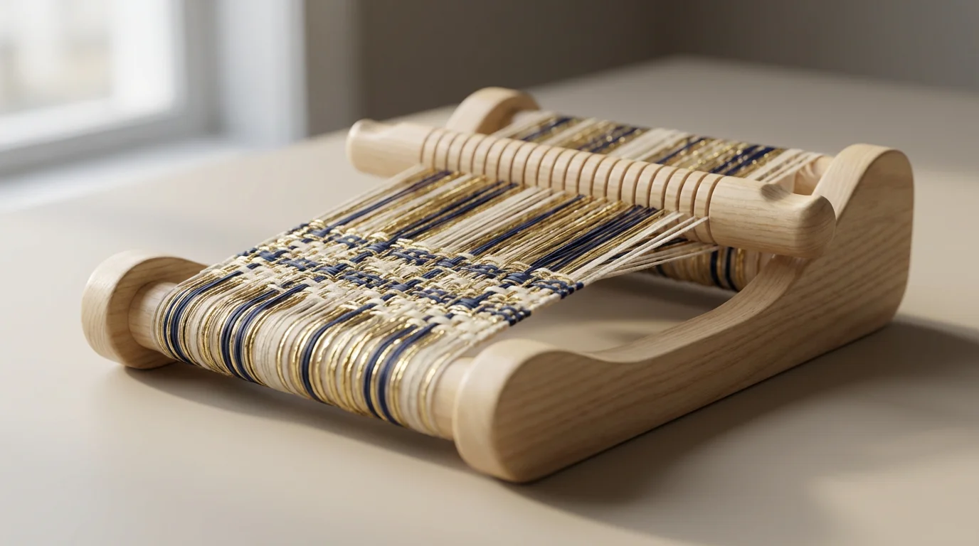 Macro photo of gold, blue, and cream threads woven on a small wooden loom.