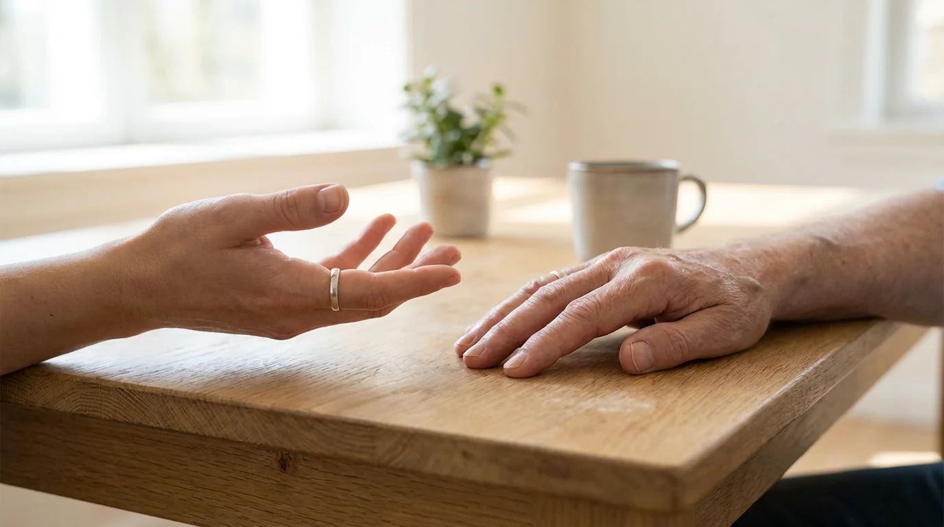 Macro photo of two people's hands during a conversation, one gesturing and one listening.