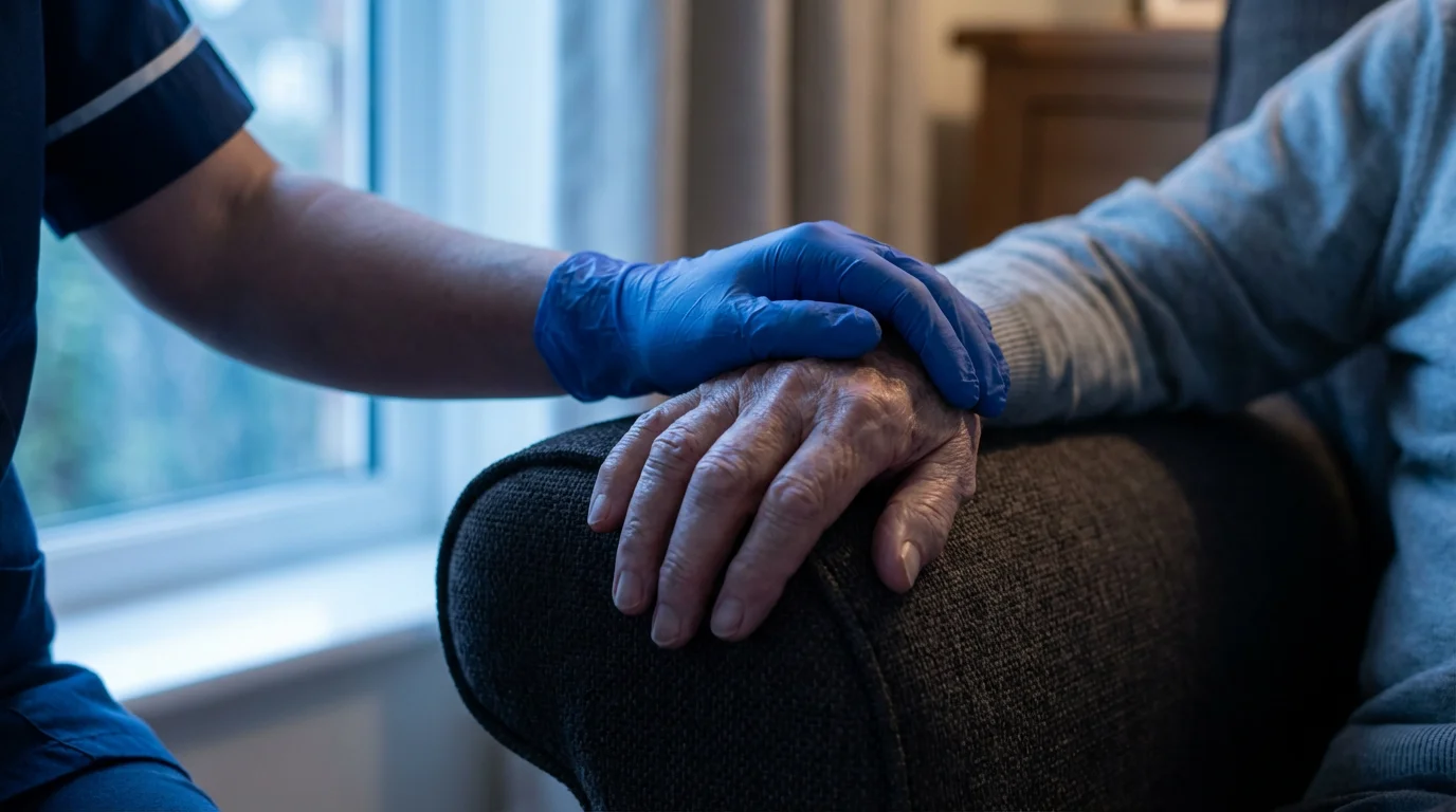 Macro photograph of a caregiver's hand gently resting on an elderly person's hand.