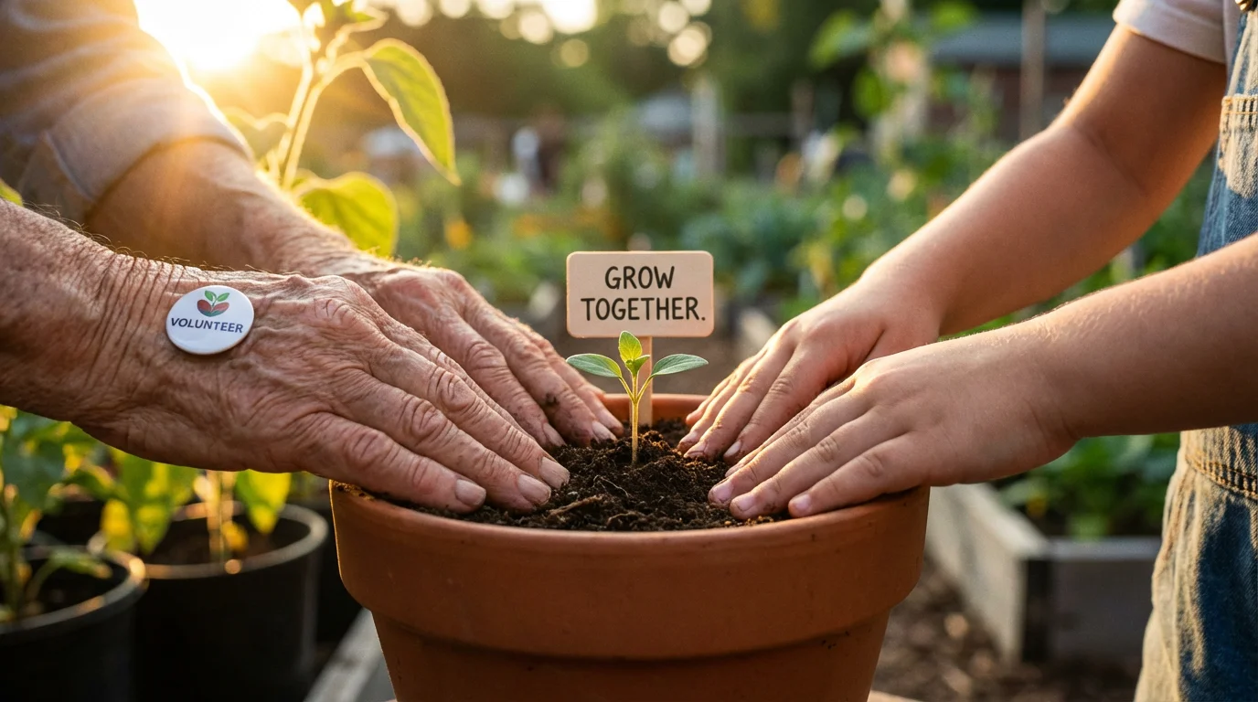 Macro photograph of a senior volunteer's hands helping another person plant a seedling.