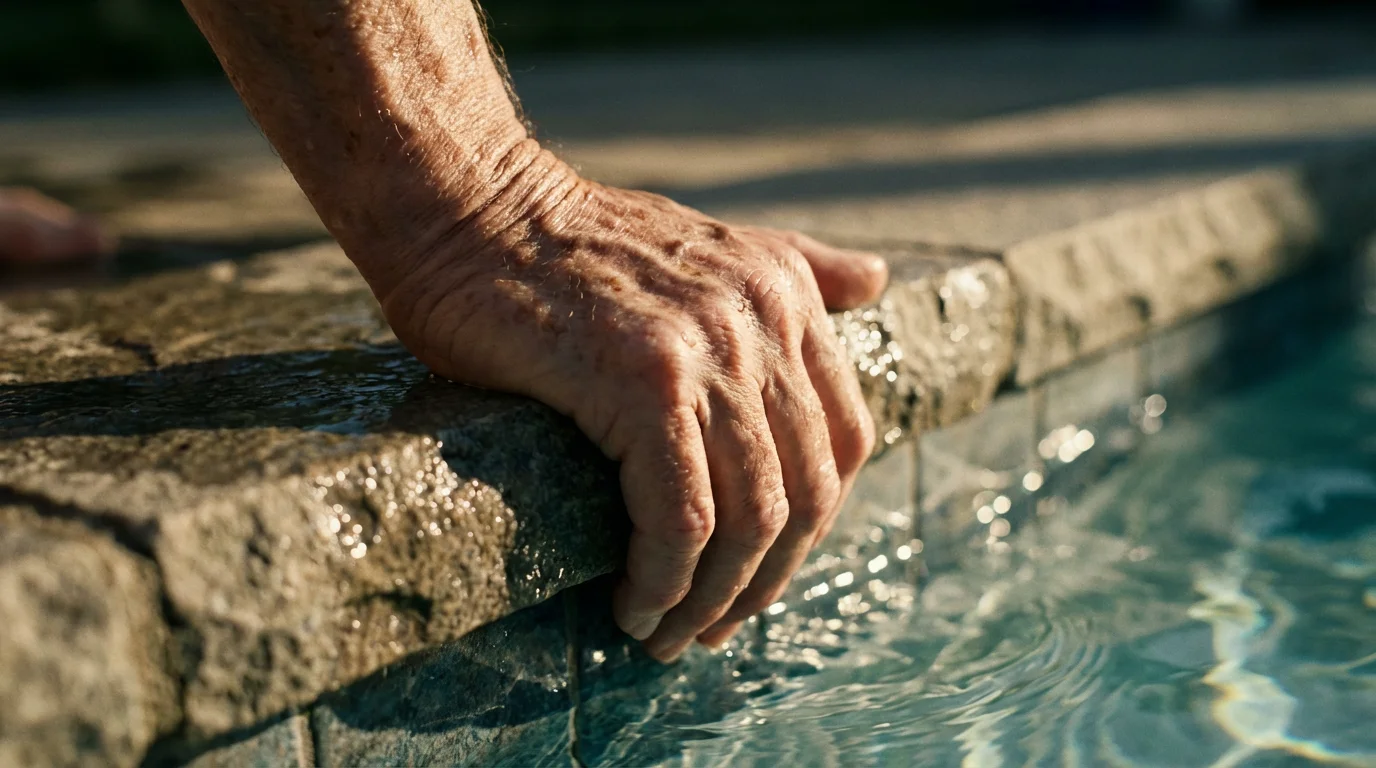 Macro photograph of a senior's determined hand gripping the edge of a swimming pool.