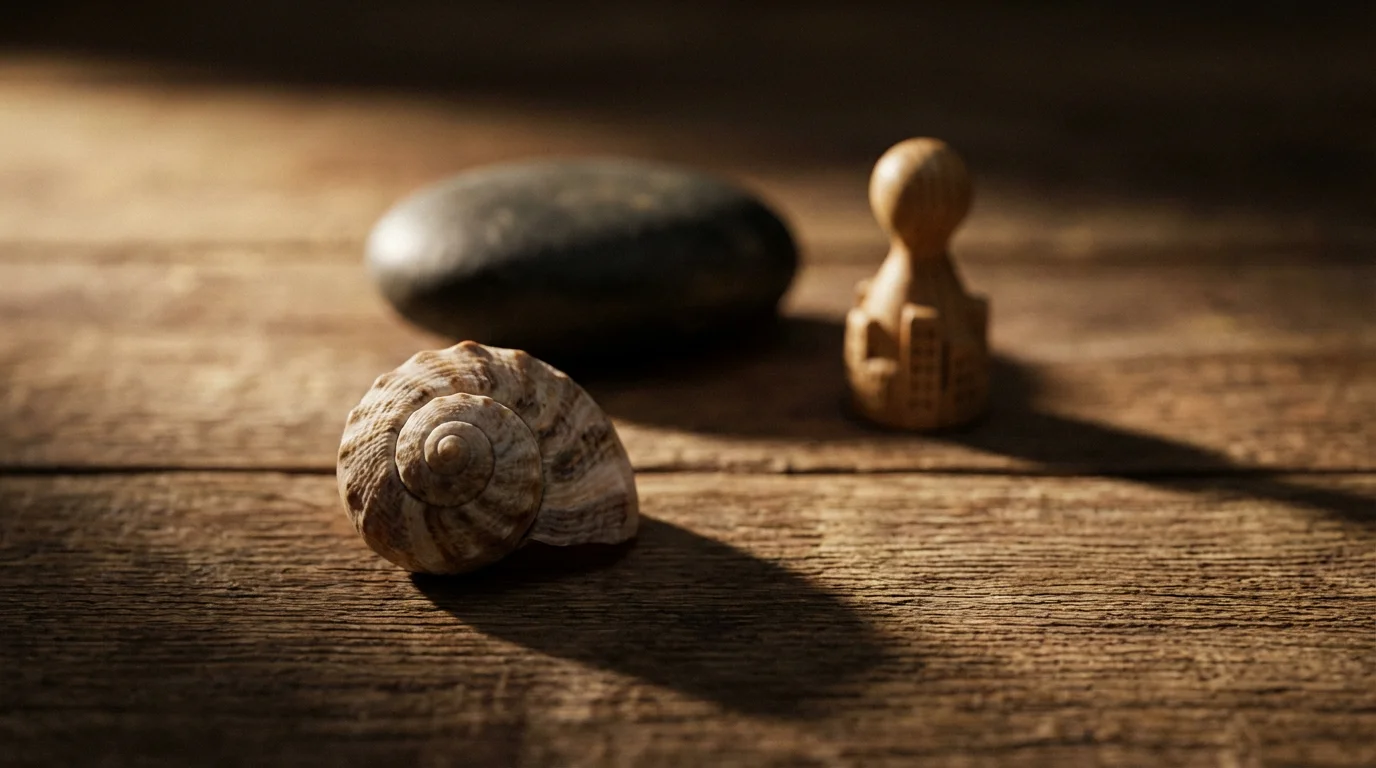 Macro shot of a seashell, stone, and chess piece representing retirement destination choices.