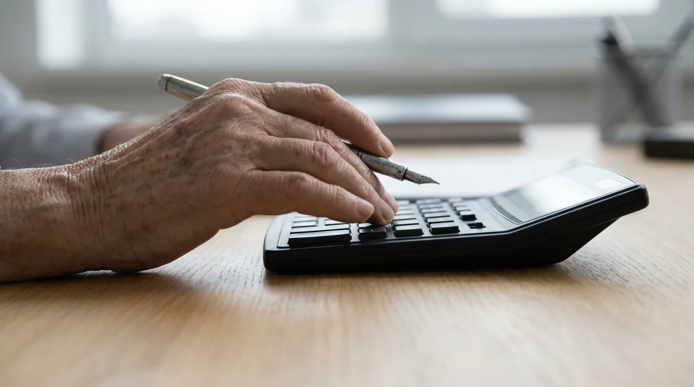 Macro shot of an elderly hand with a pen and calculator for financial planning.
