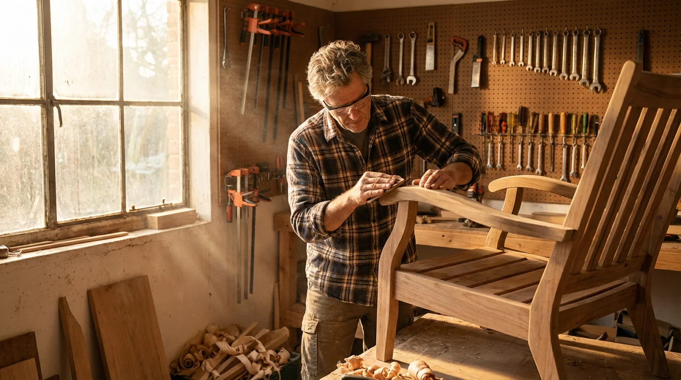 Man in his sixties focused on a woodworking project in his sunlit home workshop.