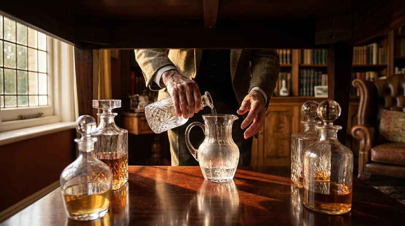 Man's hands pouring liquid from various carafes into one pitcher, symbolizing retirement withdrawal strategy.