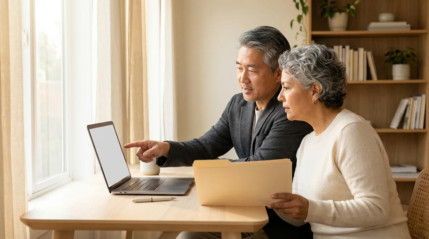Mature couple at a desk with a laptop planning for healthcare and retirement.