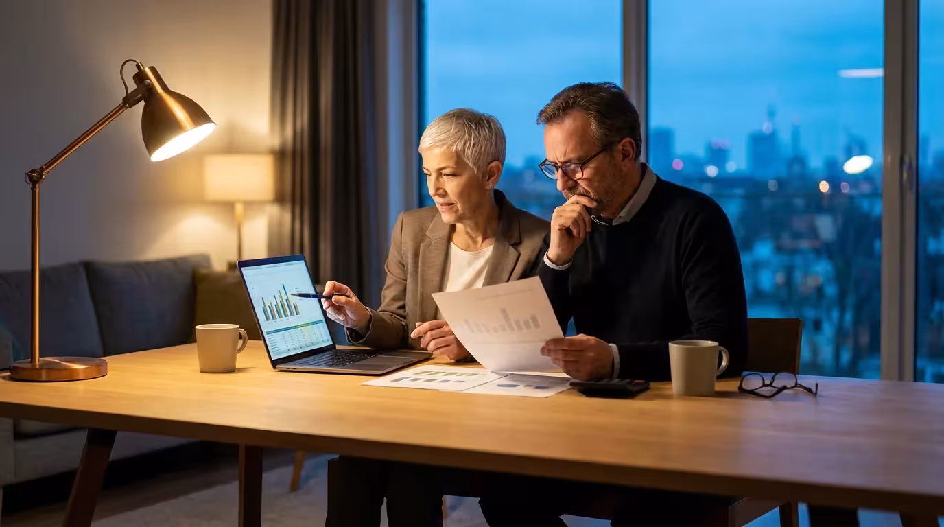 Mature couple at home in the evening, planning finances for retirement on a laptop.
