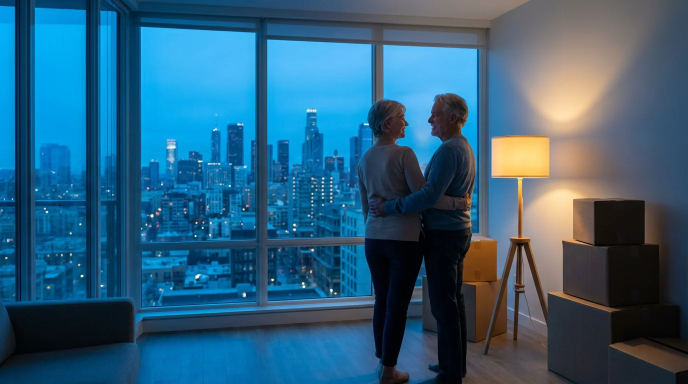 Mature couple embracing in a nearly empty apartment, looking out at a city skyline.
