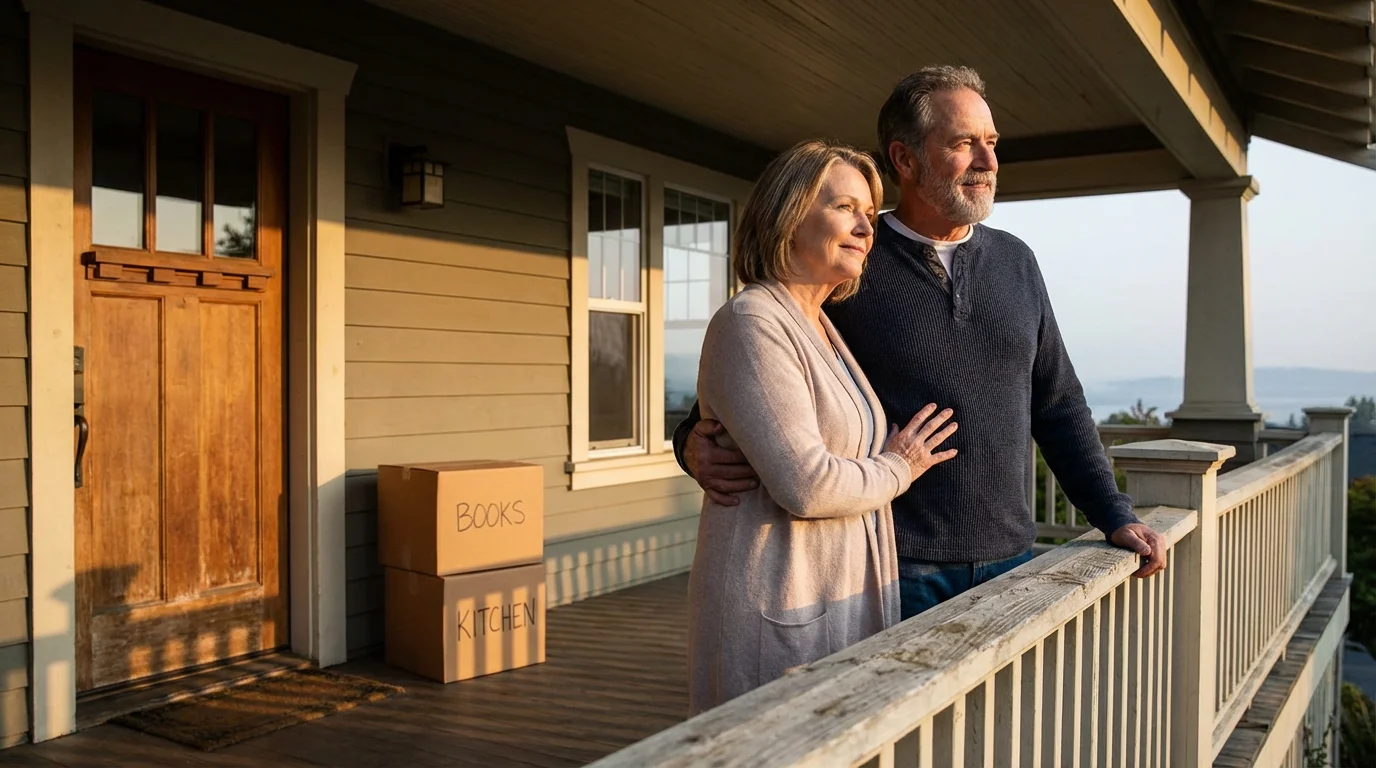 Mature couple on their front porch at golden hour, planning to sell their home.