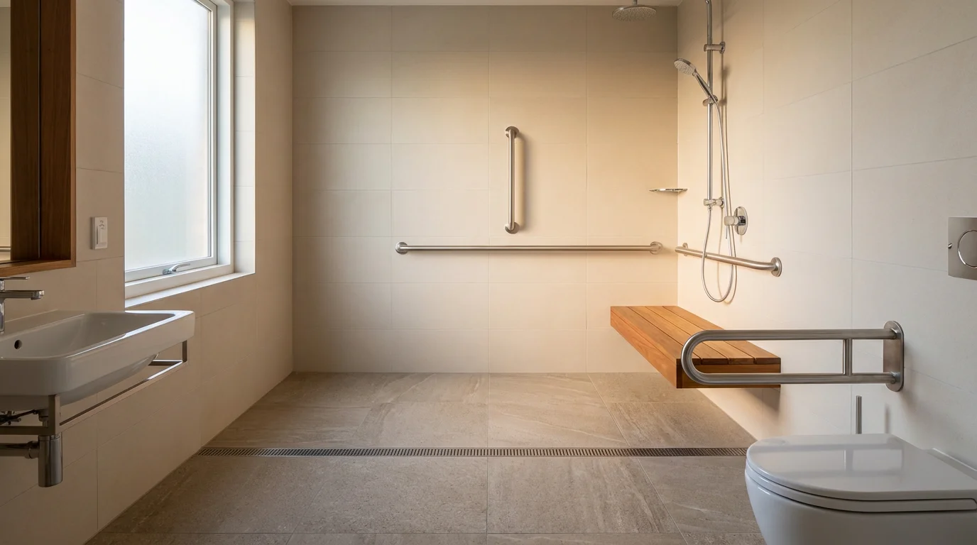 Modern accessible bathroom with walk-in shower, grab bars, and bench for aging in place.