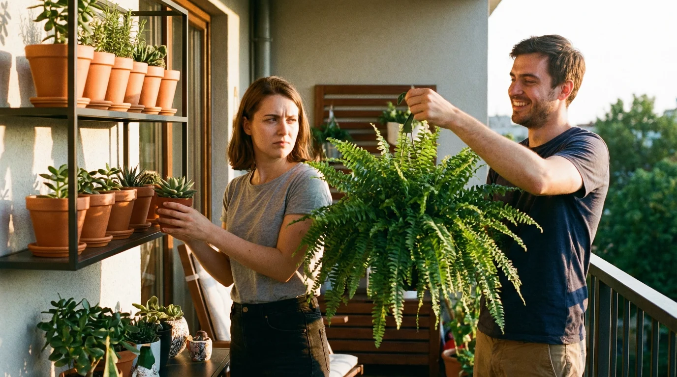 Neighbors with conflicting plant arrangements on a shared balcony during a golden hour sunset.