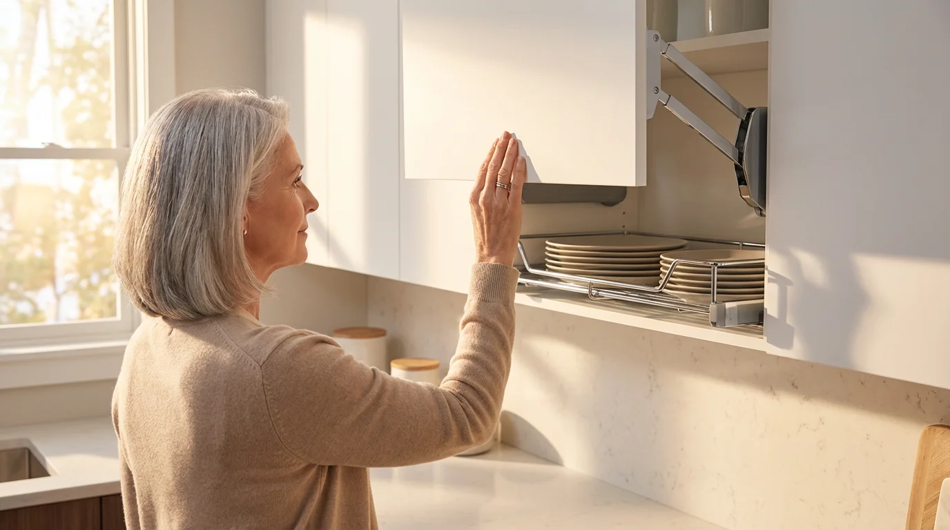Older woman easily accessing plates using a pull-down shelf in a modern kitchen.